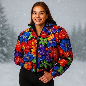 Obermeyer Bright Floral Ski Puffer Jacket Hooded Drawstring Waist Retro Size 10